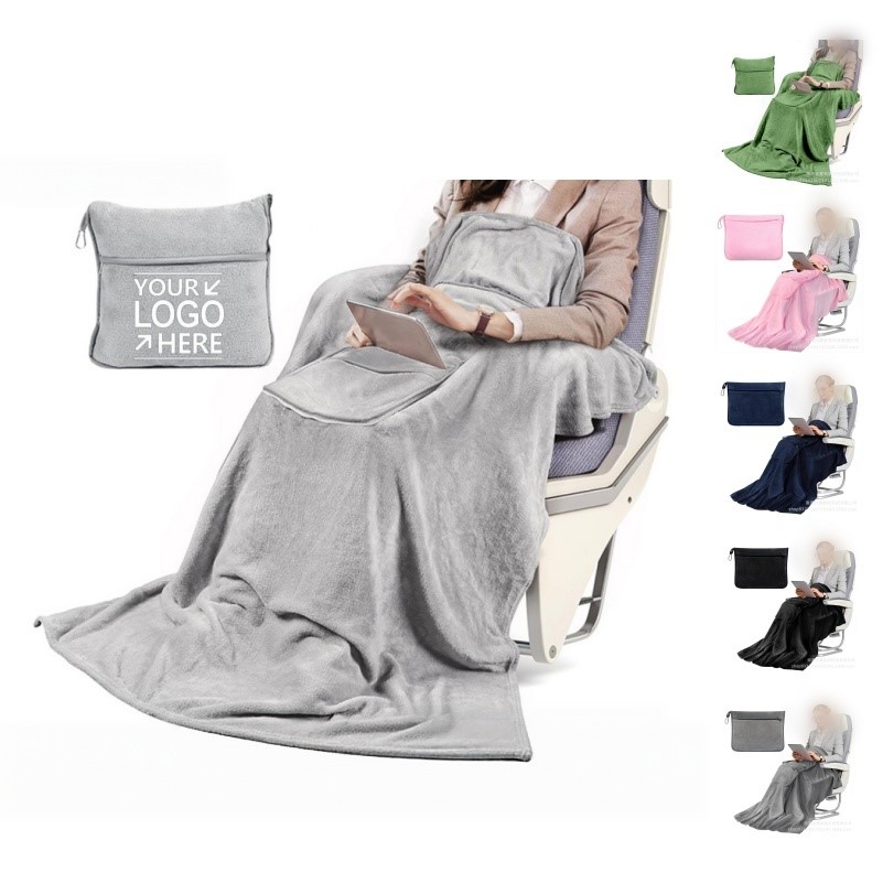 Travel Portable Flannel Blanket with Zippered Carry Pouch