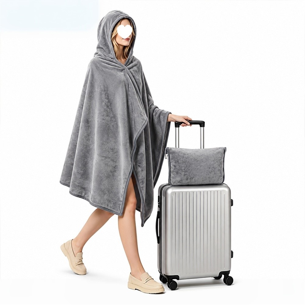 Flannel Hooded Travel Blanket With Pillow
