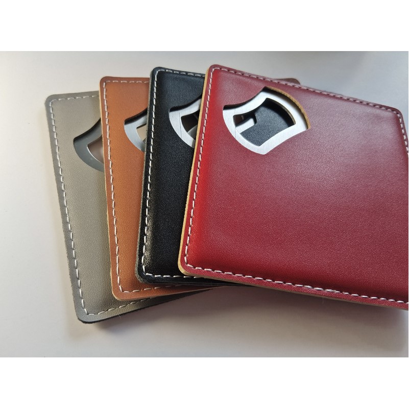 PU Leather Square Coaster With Stainless Steel Bottle Opener