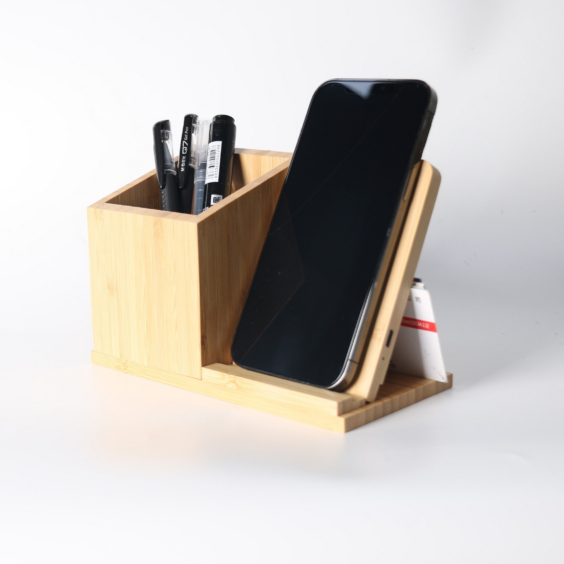 Bamboo Made Wireless Charger With Pen Container
