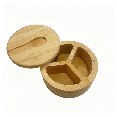 Bamboo Rotating Spice Box with Spoon 3-Compartment Wooden Seasoning Container