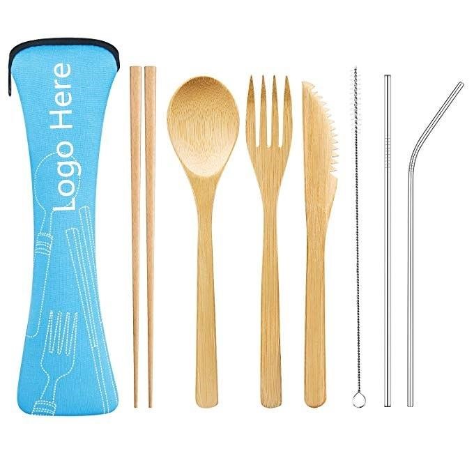 Bamboo Cutlery Set w/8.5" Stainless Steel Metal Straw And Cleaner