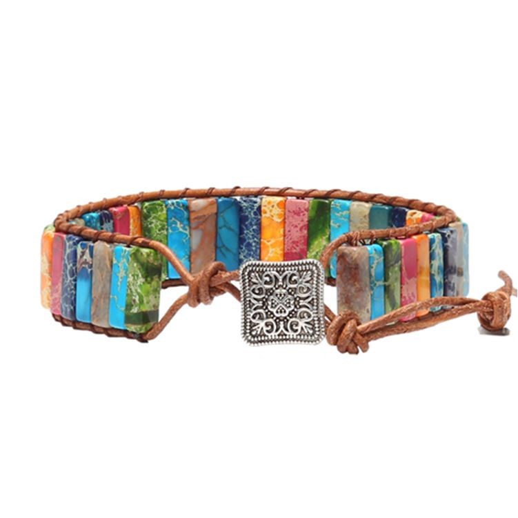 Rainbow Colorful Stone Beaded Woven Bracelets w/ Cautomed Charm