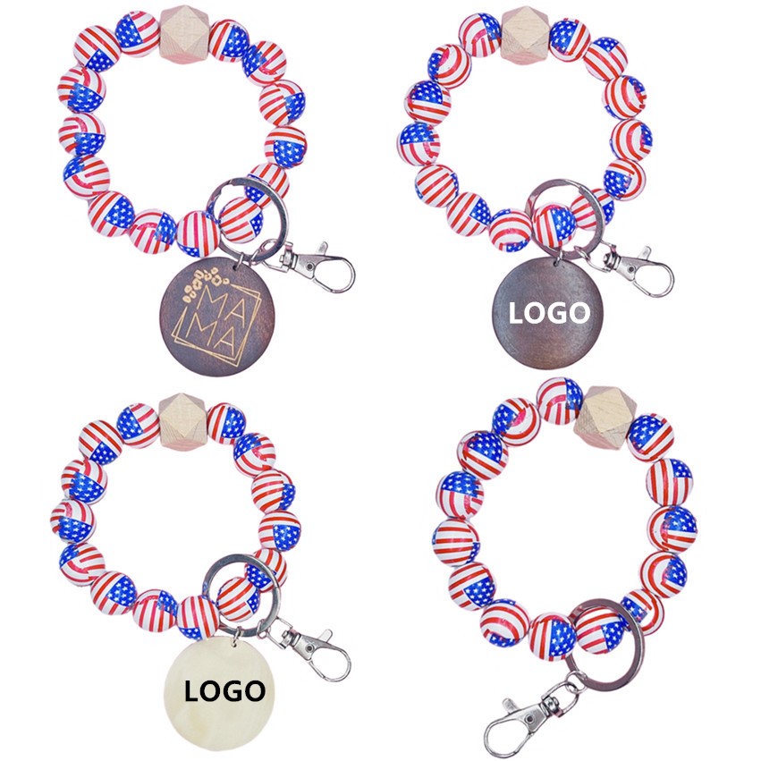 Custom Logo Wood American Flag Beads Bracelet w/Charm