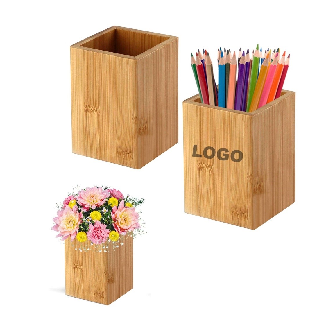Bamboo Square Desk Organizer Pen Holder