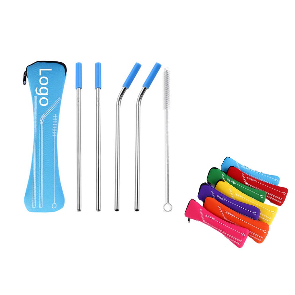 Reusable Stainless Steel Straws w/Cleaning Brush Zipper Pouch Bag