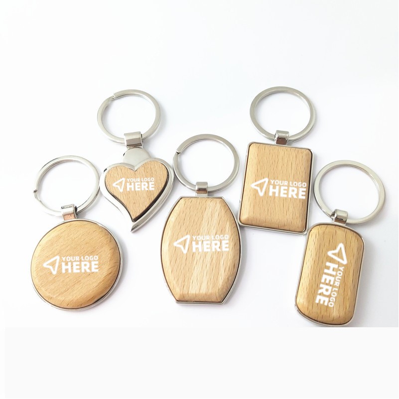 Natural Beech Wood Metal Pendant Key Ring Accessory