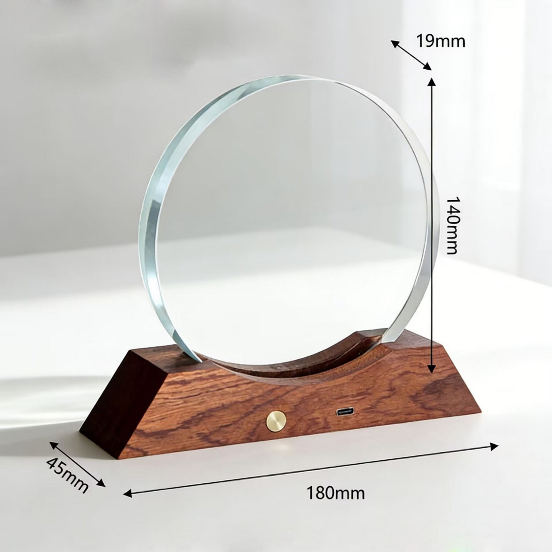 Round Crystal Award with Wood Base