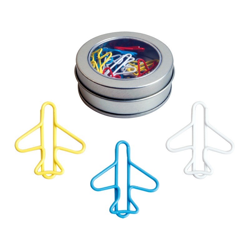 Airplane Shaped Paper Clips w/Round Tin