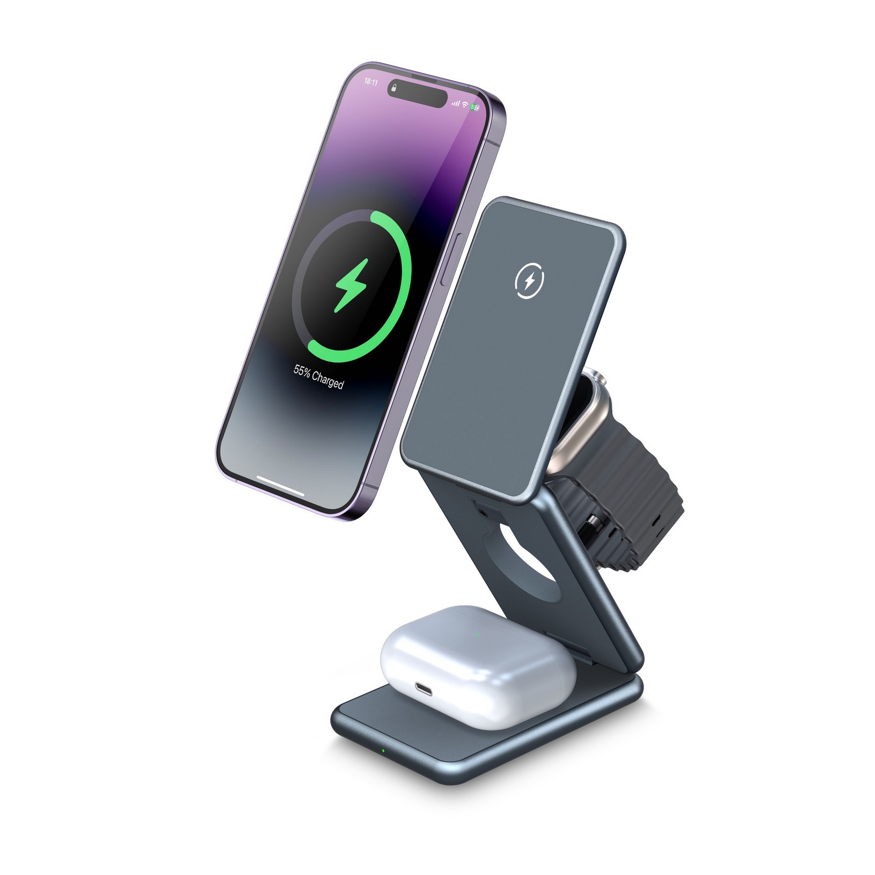3-in-1 Aluminum Wireless Charger with Foldable Metal Stand