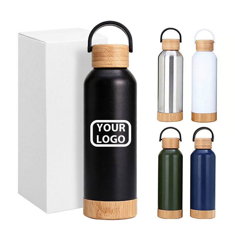 17oz Stainless Steel Vacuum Bottle with Bamboo Lid and Base