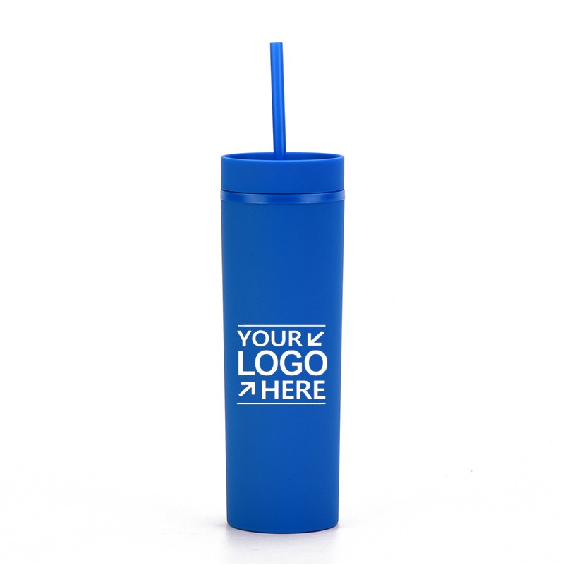 16Oz. Double Wall Plastic Skinny Cup with Lids Straws