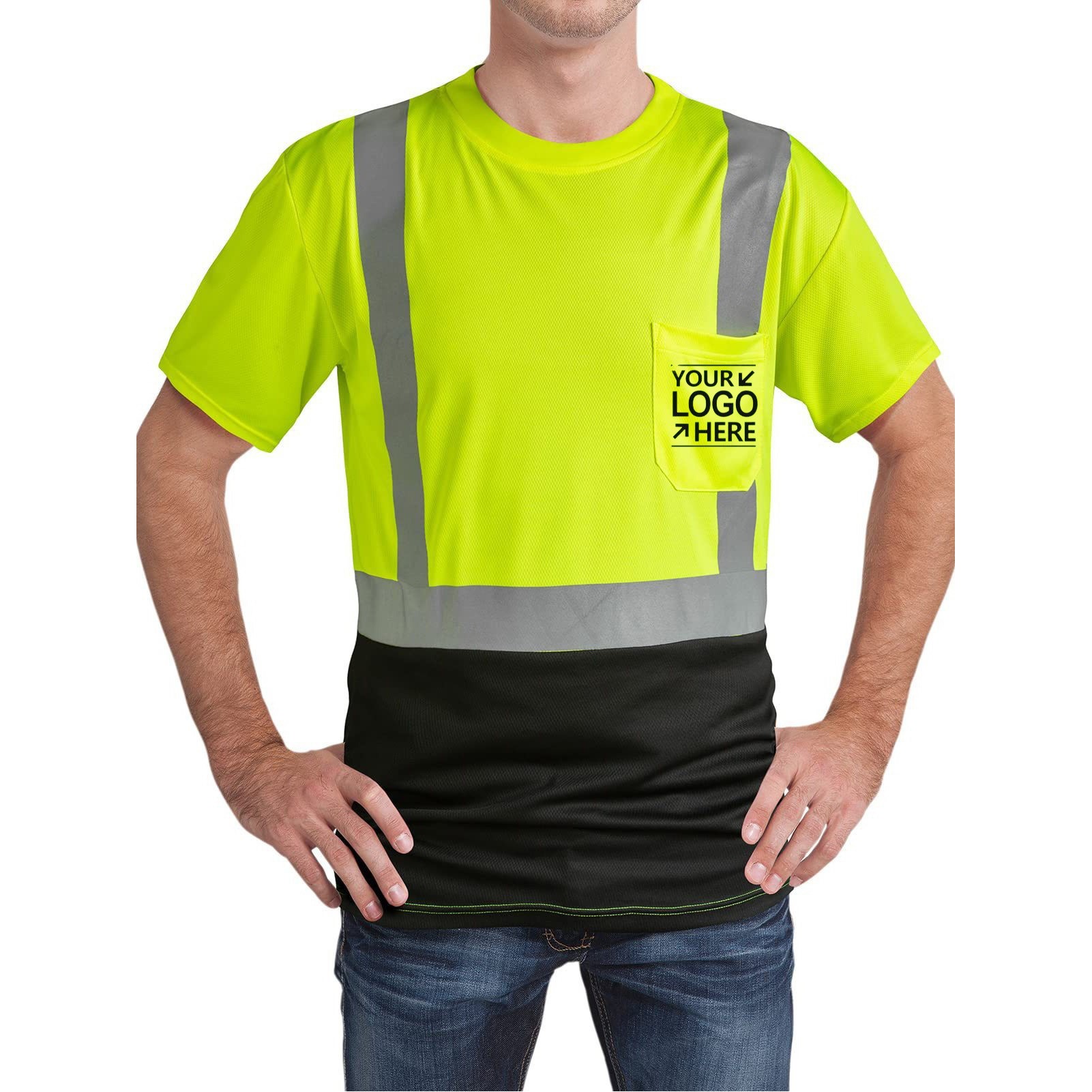 Hi Viz Polyester Class 3 Reflective Tape Safety T-Shirt With Pocket