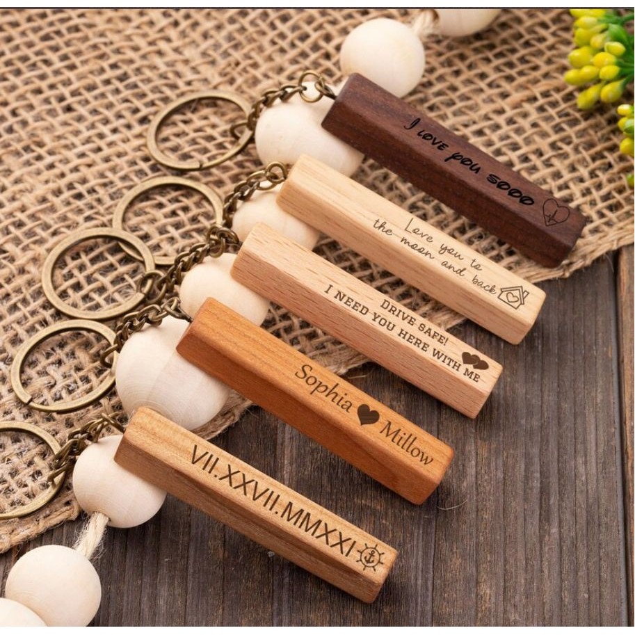Personalized Engraved Wooden Key Ring Couple Gift