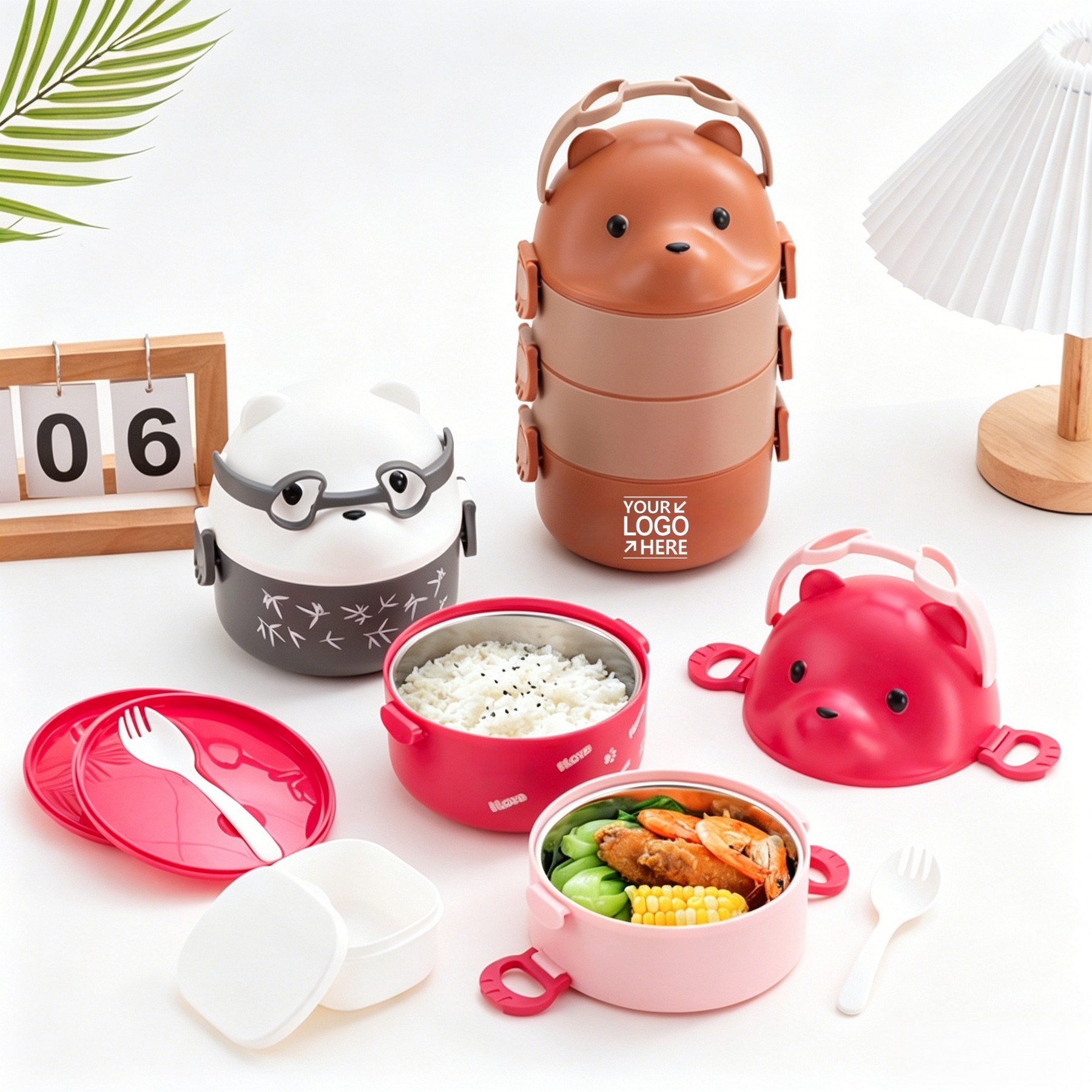 304 Stainless Steel 3-Layer Round Cartoon Bento Box With Untensils