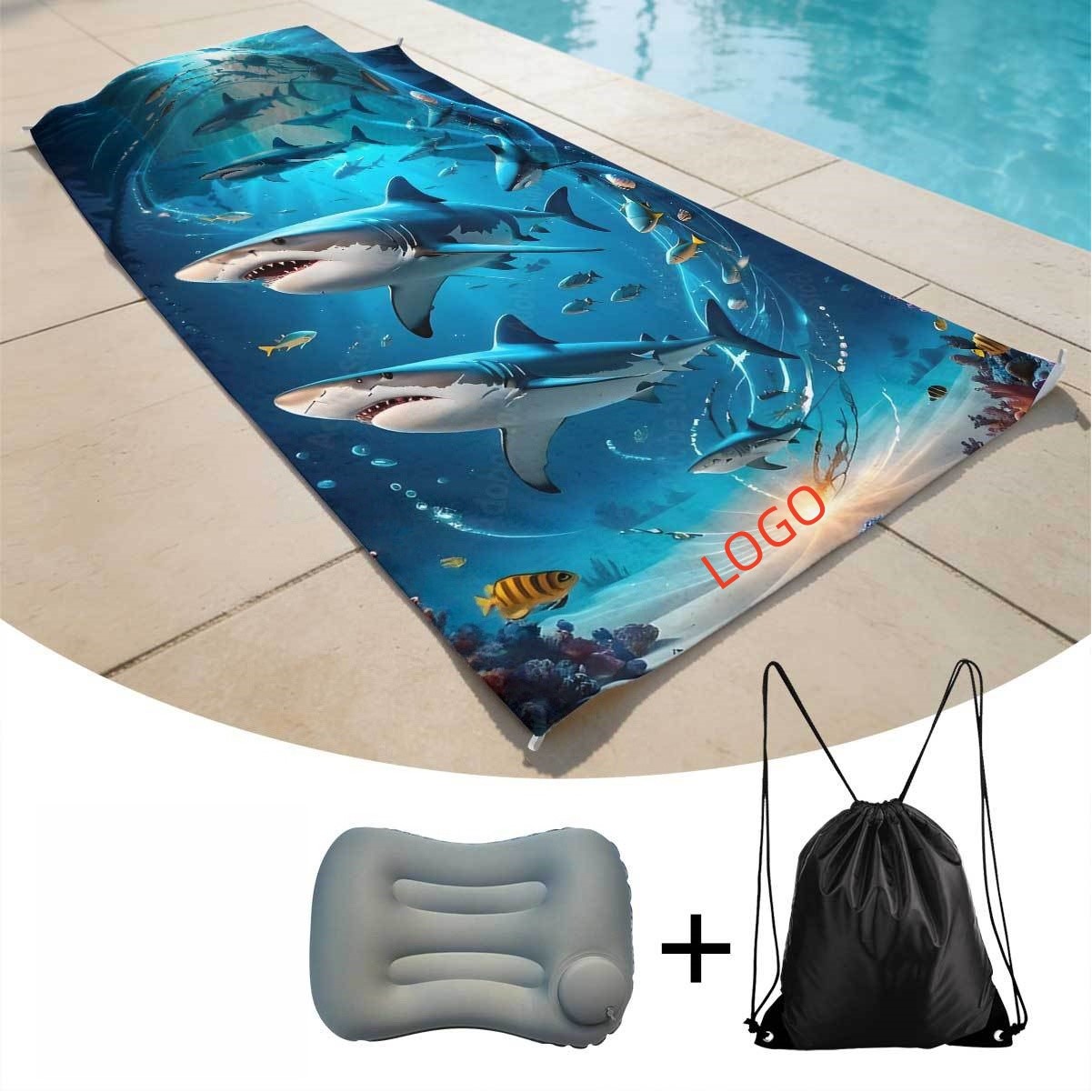 Multifunctional Beach Towel Set With Inflatable Pillow In Drawstring Bag